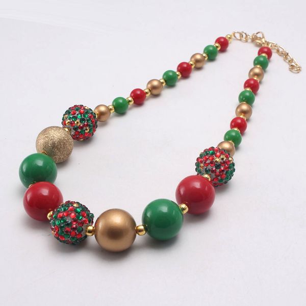 

christmas jewelry baby girls chunky beads necklace charm green/red/gold color necklace for children party gift, Red;brown