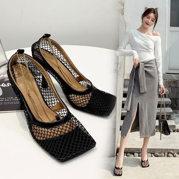 

square head high-heeled mesh shoes 2021 autumn trend show big, Black