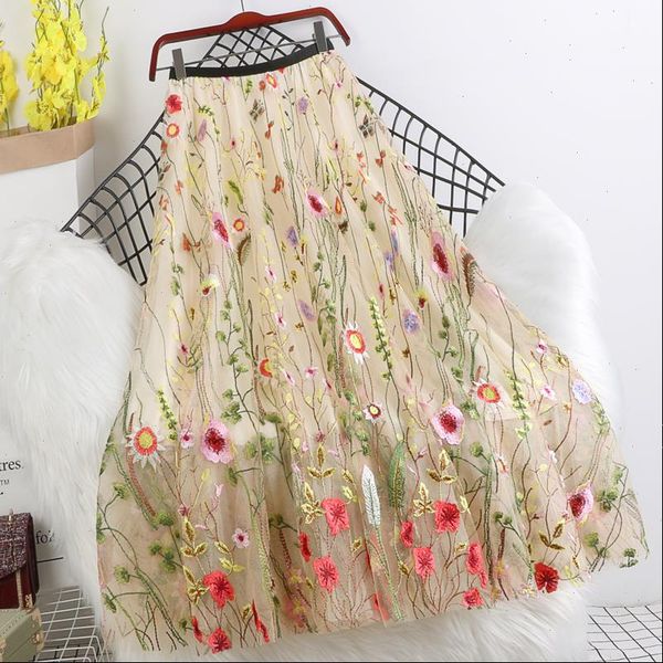 

2021 summer 3d flower embroidery lace mesh pleated skirt women elastic waist long midi elegant tulle sweet streetwear w383, Black