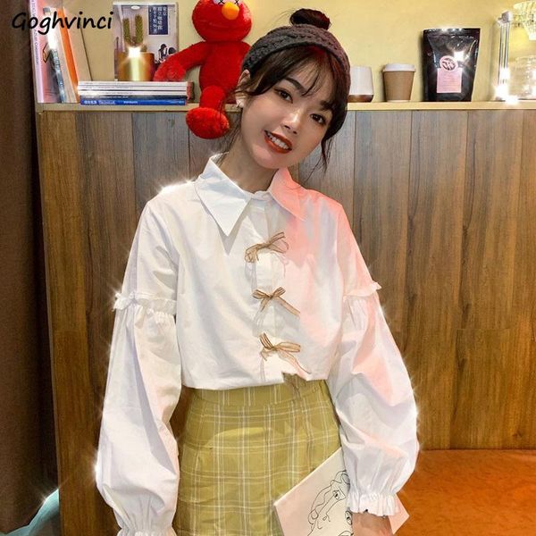 

shirts women bow button puff sleeve korean style chic fashion students streetwear kawaii lovely casual blouses womens trendy new, White