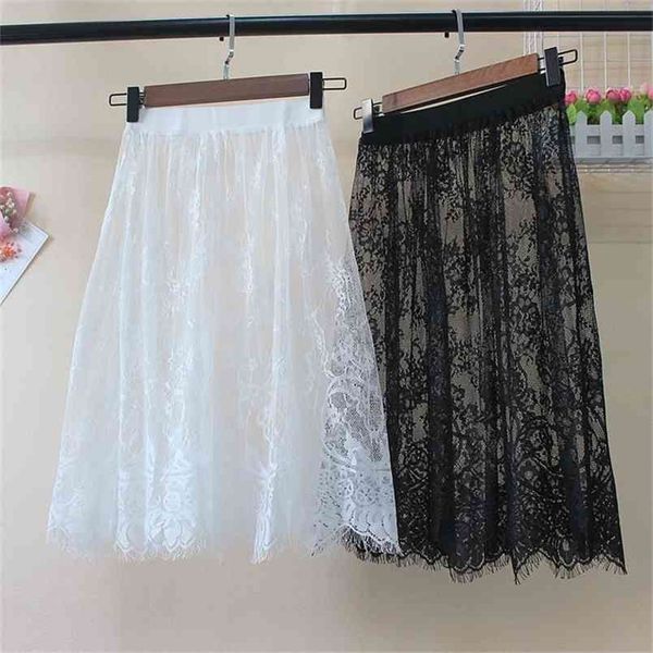 

summer women lace skirts fashion solid casual mesh tulle hollow out short pencil elegant elastic black white 210702