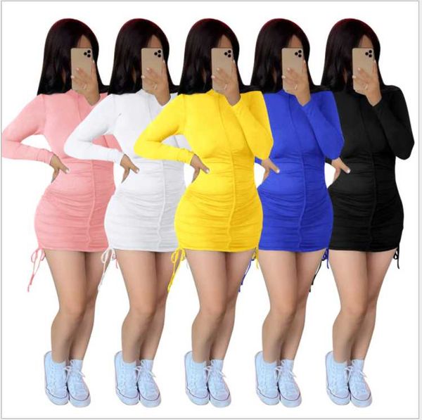 

casual dresses drawstring ruched bodycon mini dress women o neck long sleeve 2021 fashion autumn yellow party wrap, Black;gray