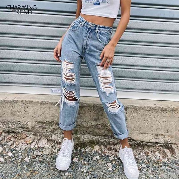 Mulheres rasgadas jeans streewear magro cintura alta shredded calças femininas calças meninas jeggings denim lápis sexy 210809