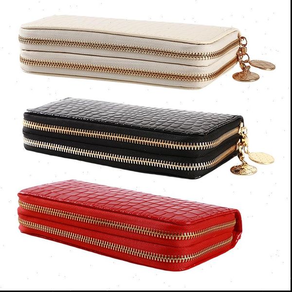 

red white black women double zipper wallets ladies wallet fashion female long design handbag phone bag, Red;black