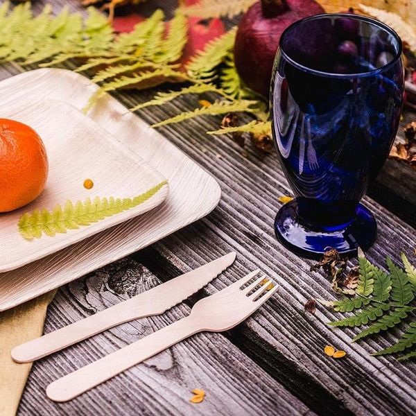 

dinnerware sets 100pcs disposable wooden cutlery forks/spoons/cutters knives party supplies kitchen utensil dessert tableware packaging 16cm