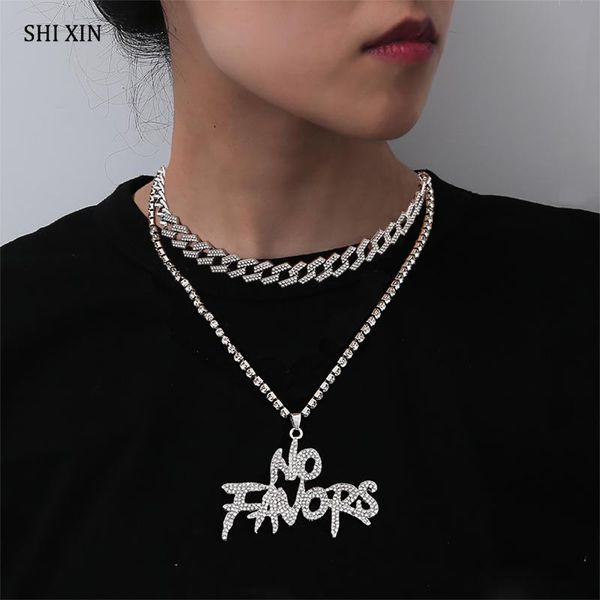 

pendant necklaces shixin 2 pcs hip hop chunky crystal cuban link chain necklace with letter for women/men punk out neck, Silver