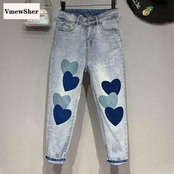 

women's jeans vmewsher autumn winter heart print women high waist ankle length harem denim pants ladies vintage trousers streetwear, Blue