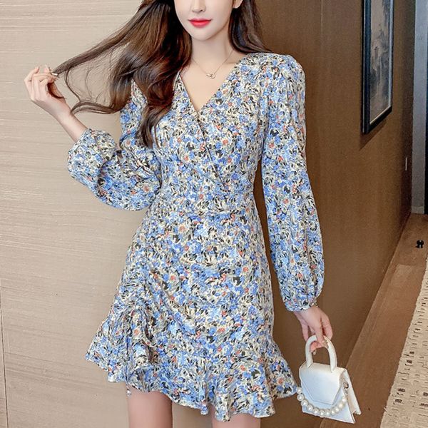 

2021 new autumn floral print mermaid mini women korean chic long sleeve vintage holiday boho beach christmas vestidos robe e22k, Black;gray