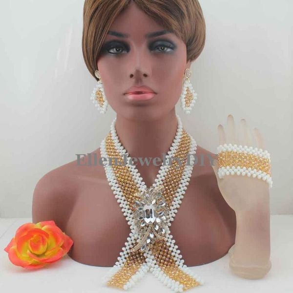 

earrings & necklace champagne and white crystal beaded necktie set african jewelry sets for brides ceremony w13824, Silver