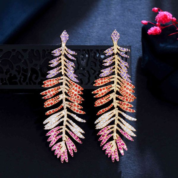 

cwwzircons luxury multicolor cubic zirconia long drop dangle big feather earrings for women statement wedding jewelry cz939, Bronze;silver