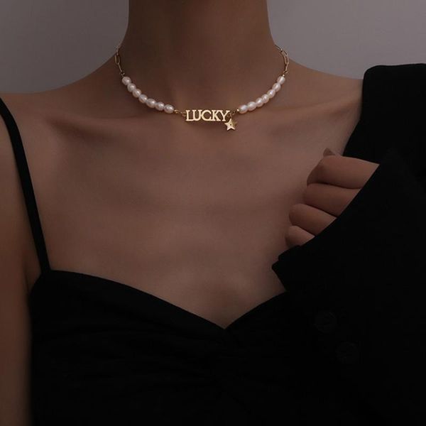 

pendant necklaces simple pearl bead chain necklace for women 2021 lucky star fashion punk rock multilayer jewelry accessories, Silver