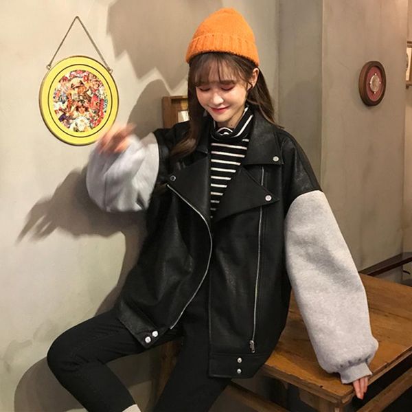 

splicing leather sweater long sleeve motorcycle autumn winter thickened pu leather jacket jacket for women, Black