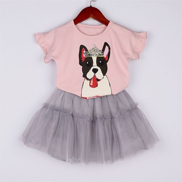 

girls clothes set summer cotton crown dog printed shirt and tutu skirt 2 pcs baby girl clothing suit children clothes drop ship 210715, White