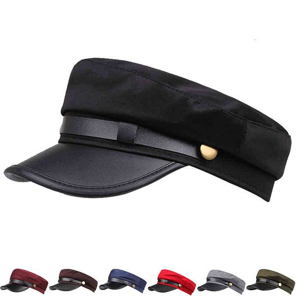 

fashion pu leather military hat autumn sailor hats for women men black grey flat female travel cadet hat, Blue;gray