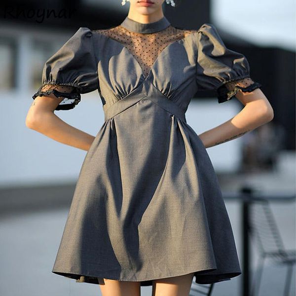 

casual dresses dress women short puff sleeve mini korean style a-line summer design elegant tunic patchwork fashion female vintage, Black;gray