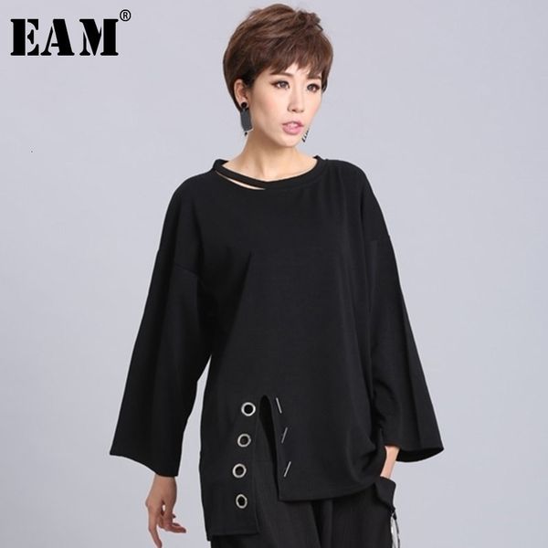 

[eam] 2021new spring summer black full sleeve o collar split pullover personality women fashion tide loose casual t-shirt oa881 210315, White
