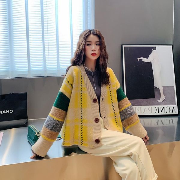 

ewq] 2021 spring casual women new loose single breasted versatile long sleeve panelled striped knitted cardigan sweater 8y891, White