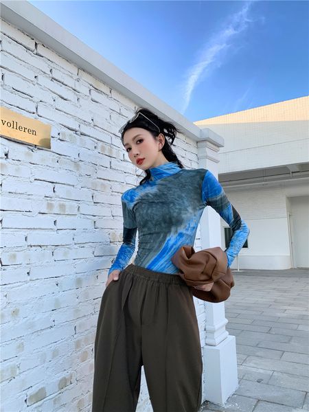 

2021 new tie dye t women blue long sleeve turtleneck tshirt bodycon print tee shirt designer clothes fall uvfe, White