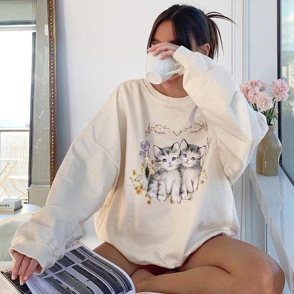 

women's hoodies & sweatshirts cat print cute white oversized sweatshirt autumn long sleeve sweat shirt loose pullover ladies streetwear, Black