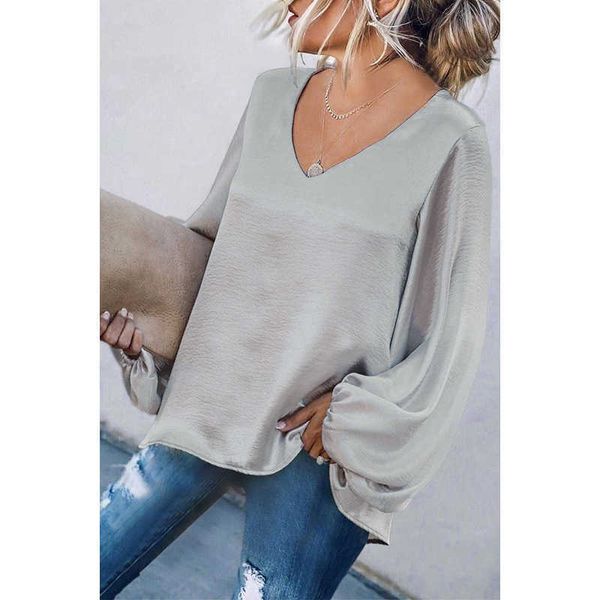 

spring solid full loose v neck tshirt women 210615, White