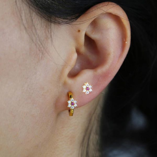 

hoop & huggie fashion korean style daisy flower stud earrings tiny pink cubic zircon paved studs for girls women christmas gift, Golden;silver
