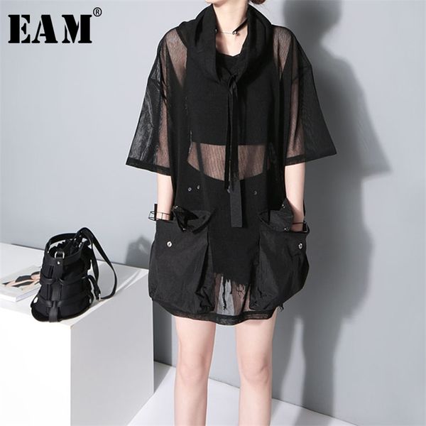 

[eam] new spring autumn turtleneck half sleeve big pockets mesh bandage button perspective t-shirt women fashion tide jy935 210315, White
