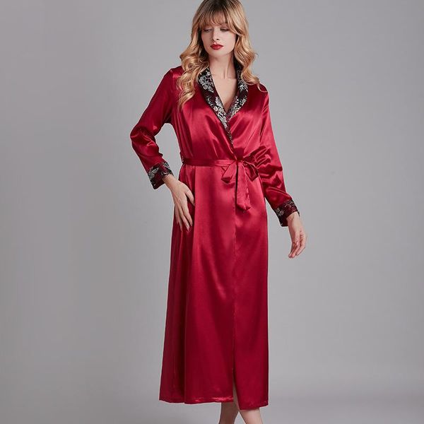 

sleepwear female spring new robe satin nightgown kimono bathrobe gown lace intimate lingerie full sleeve home clothes, Black;red
