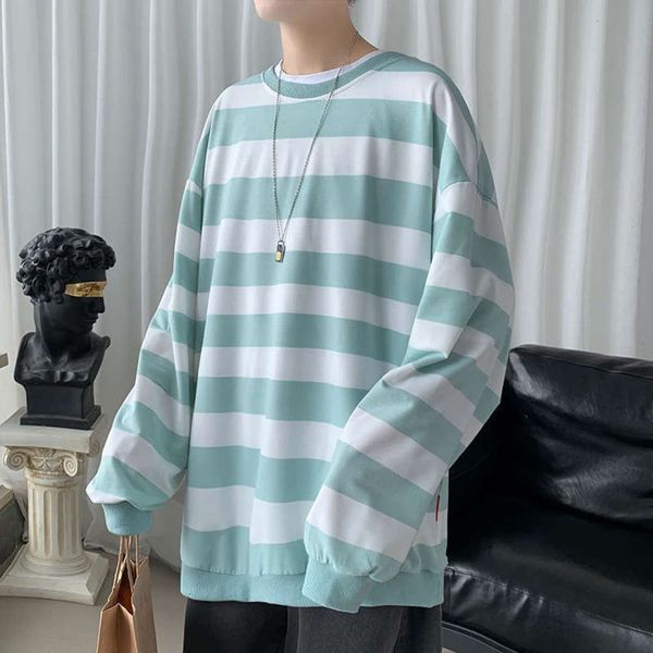 

stripe sports new casual large size loose youth men's long sleeve crew neck sweater, Gray
