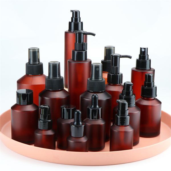 15ml 30ml 60ml 100m Bottiglia di vetro ambrato Contenitore per pompa spray per lozione protettiva Contenitore per cosmetici da viaggio ricaricabile Bottiglie per shampoo crema