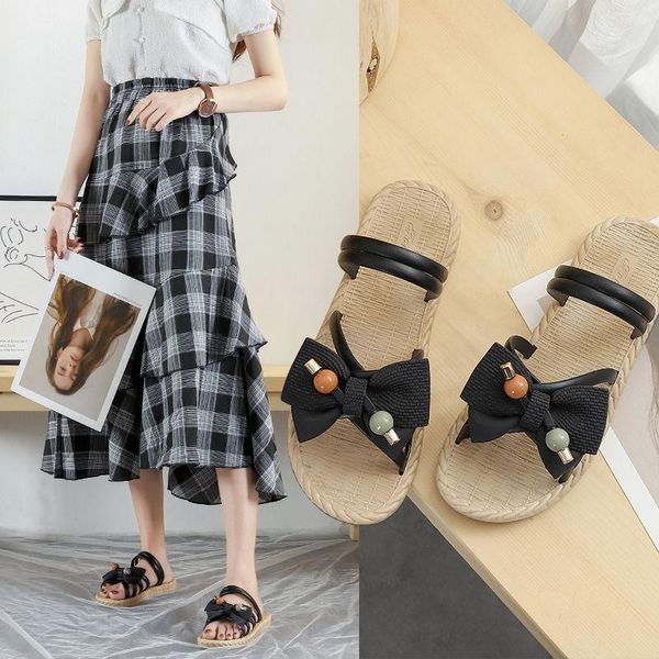 

slippers bow soft women summer flat shoes outdoor lady sandals flip flops non-slip home slides casual woman beach, Black