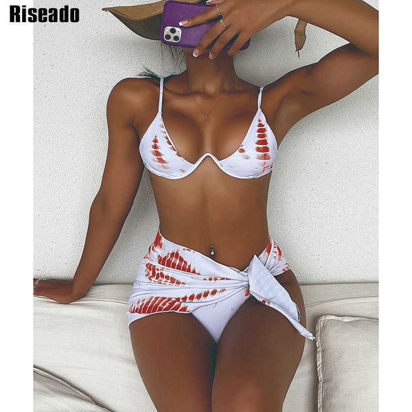 

riseado tie dye 3 piece bikini push up swimwear women swimsuit kont side suit with skirt underwire brazilian biquinis, White;black