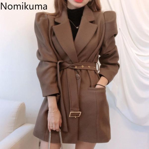 

women's suits & blazers nomikuma korea elegant notched collar woolen blazer coat belt slim waist women jacket fashion puff sleeve femme, White;black