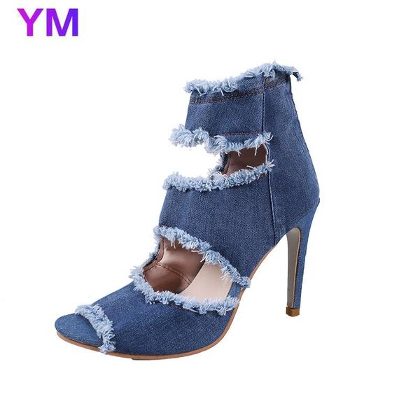 

sandals 2021 fish mouth fine-heeled fashion high-heeled denim women's shoes european and american rear zipper explosion, Black