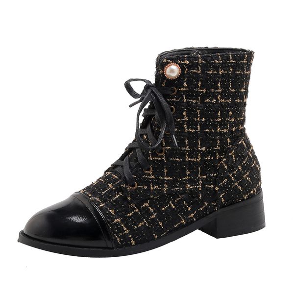 

check tweed square cloth women's in the little fashion fragrance pearl lace shoes gingham costume ankle suiting boots a6yk, Black