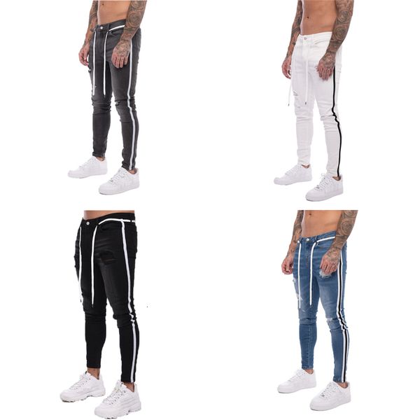 

2021 retrieve new men ny ripped jeans destroyed mode comfy stretch streep trim slim denim broek, Blue