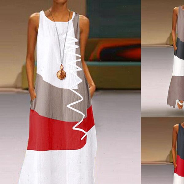 

women patchwork sundress zanzea 2021 summer maxi dress kaftan casual sleeveless tunic vestido female 100% cotton robe plus size, Gray