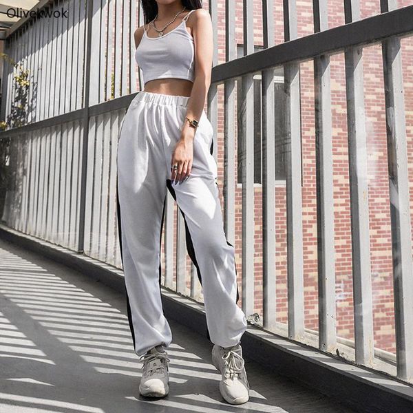 

women's pants & capris olivekwok fashion high waist black white two color patchwork women casual elastic fitness jogging trousers p1735