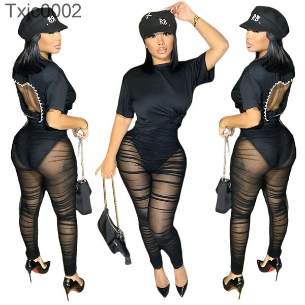 

2022 new women two piece pant set backless mesh jumpsuit stitching short sleeve and trousers ladies suit, White