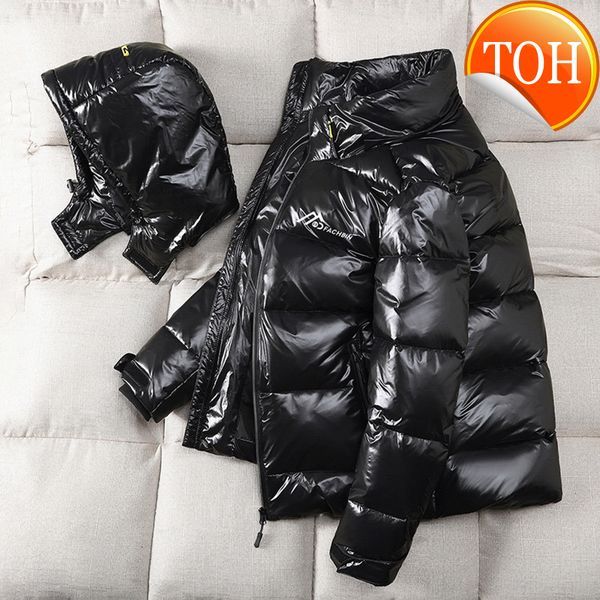 

white thickened warm bright face duck down jacket for men and women's couples sport hooded matte coat korean trend, Black