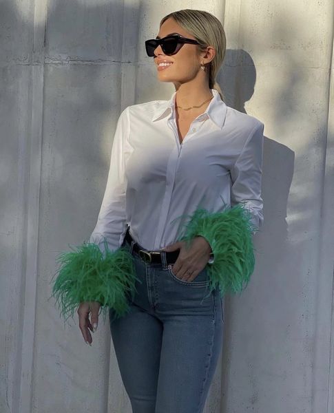 

white shirt woman long sleeve color feather party elegant female blouses button up women shirt