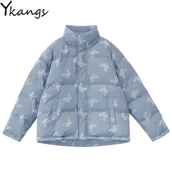

2021 women parkas butterfly hip hop winter padded thick warm outwear harajuku shiny reflective jackets coats streetwear f139, Black