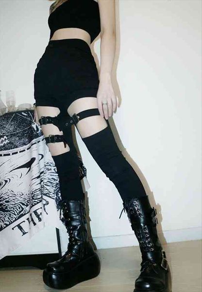 

gothic rock punk black womens pant hole dancer trousers elastic buckle hollow out skinny pencil, Black;white