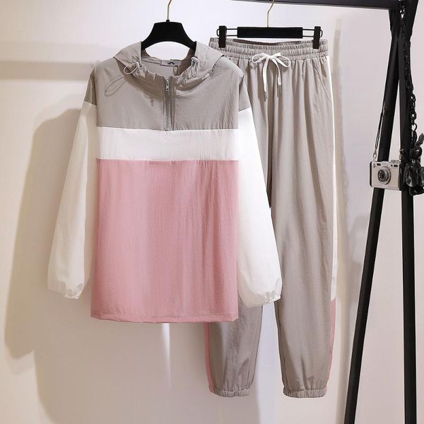 

plus size tracksuits 61575 autumn two piece set clothing long sleeve hooded stripe pullovers elastic waist loose pants female suits 5xl 6xl, Black