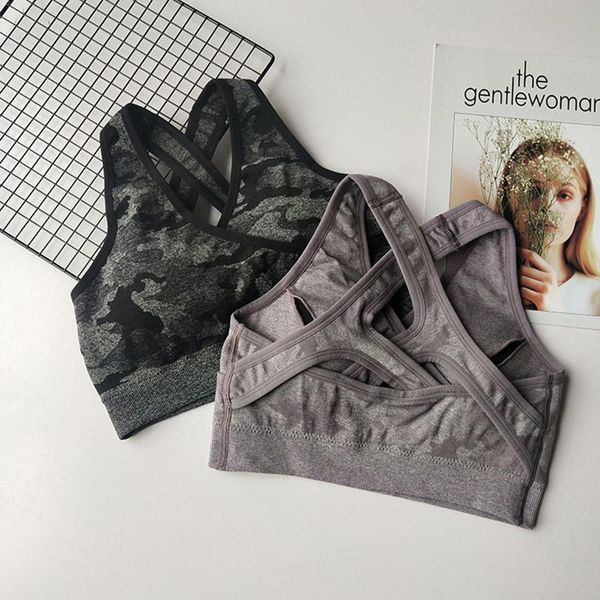 

gym clothing camo seamless sports bra padded running back crisscross yoga high impact push up sport woman fitness activewear, White;black