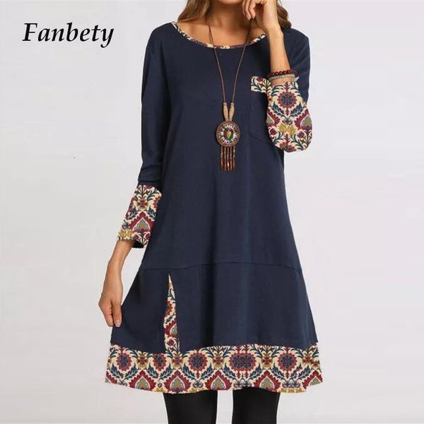 

2021 new women casual o neck patchwork mini spring long sleeve retro print pockets party elegant female plus size es 3xl mtm0, Black;gray