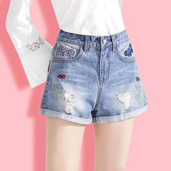 

2021 summer new arrival fashion ripped hole denim shorts high waisted shorts for women a-shaped wide-leg curl blue sexy, White;black