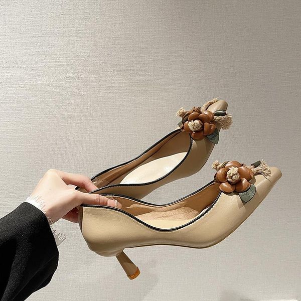 

dress shoes 4cm mid heels sweet 2021 flowers women's beige khaki pumps professional style office lady shose, Black