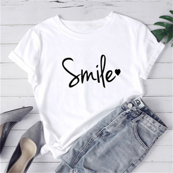 

simple style smile letter print t shirt women short sleeve o neck loose tshirt ladies tee shirt clothes camisetas mujer x0527, White