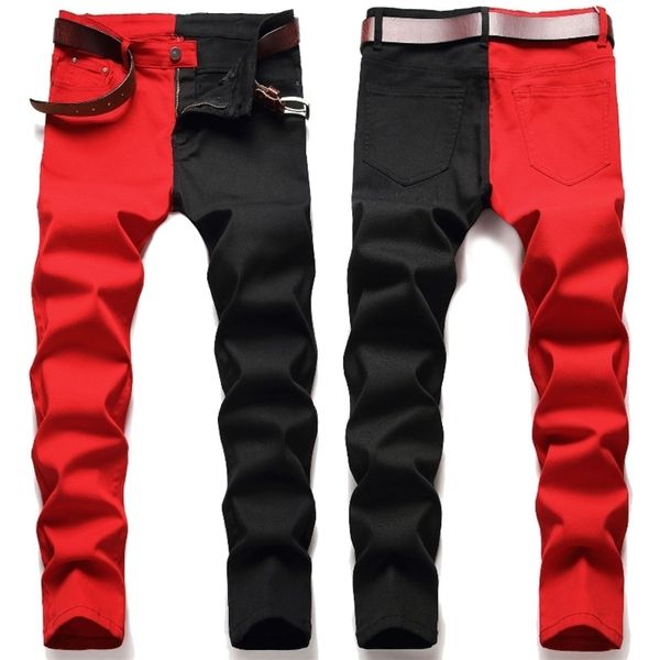 

brand red black stitching men jeans autumn winter slim skinny stretch street hip hop male elastic denim pants 28-40 211111, Blue