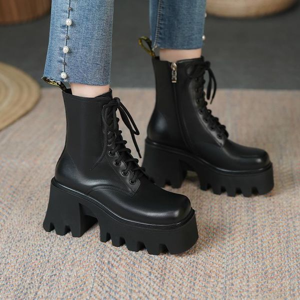 

boots 2021 winter fashion women's lace up square head women black mid heel non-slip